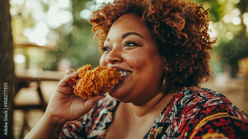 Fat woman eating fried chicken photo