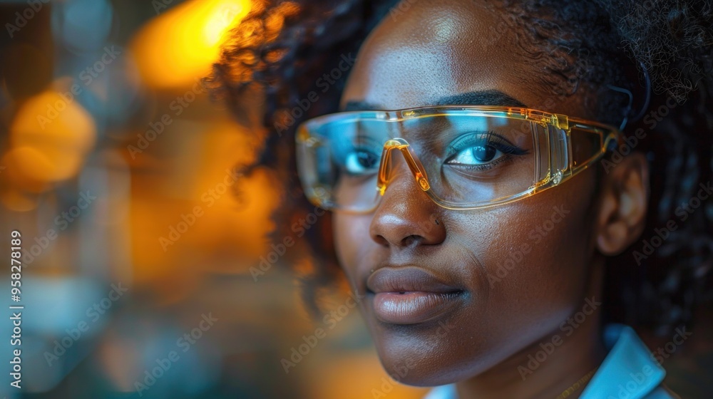 A woman wearing yellow safety glasses is looking at the camera A woman wearing yellow safety glasses is looking at the camera