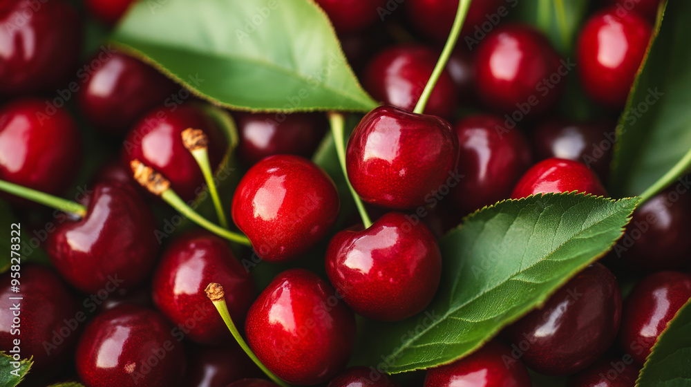 Shiny, red cherries with green leaves, perfect for creating bright food pictures. Great for drawings of food and images of fresh fruits. Shiny, red cherries with green leaves, perfect for creating bright food pictures. Great for drawings of food and images of fresh fruits.