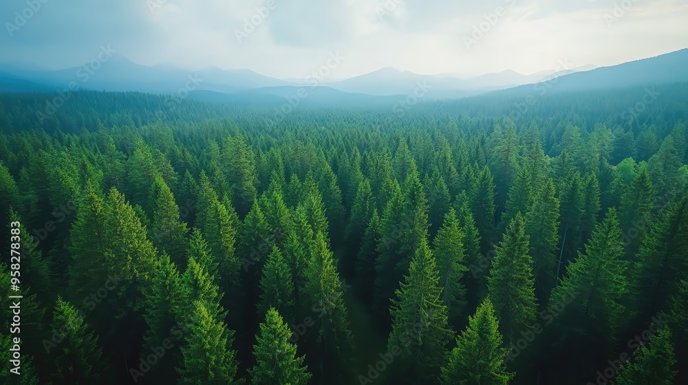 A serene landscape showcasing a vast forest of lush green trees under a misty sky, ideal for nature and tranquility themes. A serene landscape showcasing a vast forest of lush green trees under a misty sky, ideal for nature and tranquility themes.