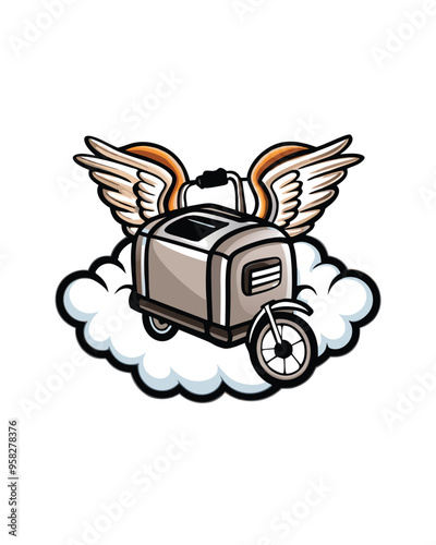 Create a surreal mashup of everyday objects like a toaster, a bicycle, and wings, floating on a cloud.