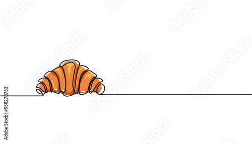 Continuous one line drawing of croissant for logo in minimalist style. Vector illustration isolated on white background.