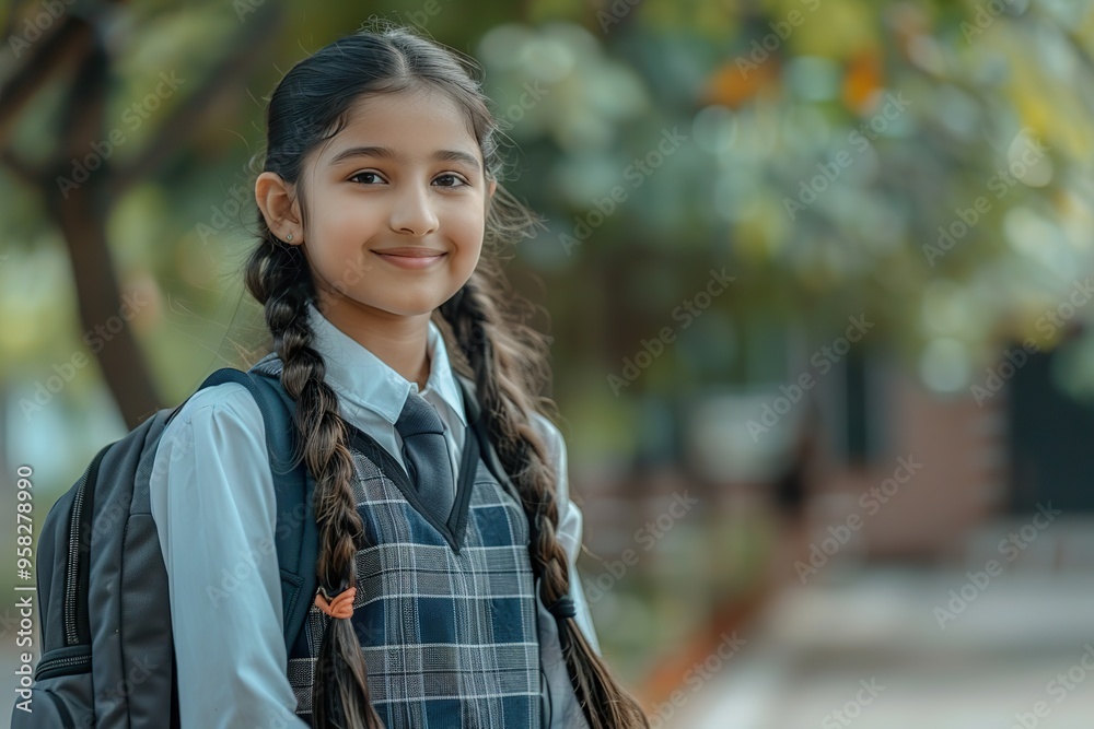 Young Indian Schoolgirl in Uniform Standing with Her Backpack Exuding Joy Young Indian Schoolgirl in Uniform Standing with Her Backpack Exuding Joy
