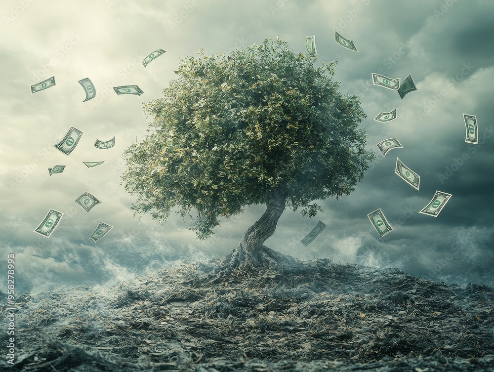 Money Tree: A surreal and thought-provoking image of a tree growing in ...