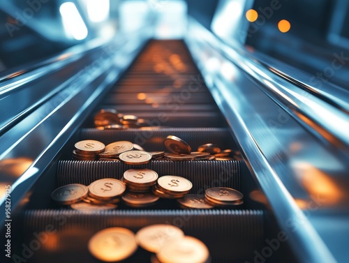 Golden Escalator to Success: A mesmerizing photo of a futuristic escalator, teeming with golden coins. This image is ideal for representing wealth, growth, and financial abundance.   photo