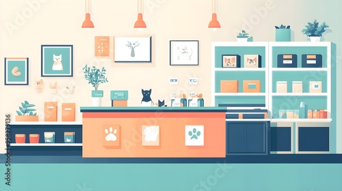 A flat design of a pet store with a fun, bright color palette