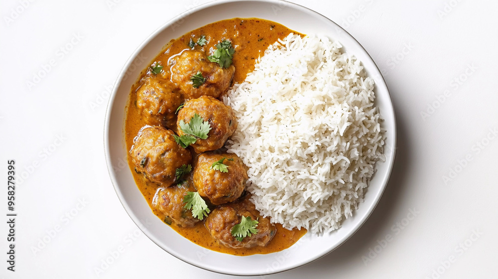 rice with kadhi pakora in plate isolated on white background rice with kadhi pakora in plate isolated on white background