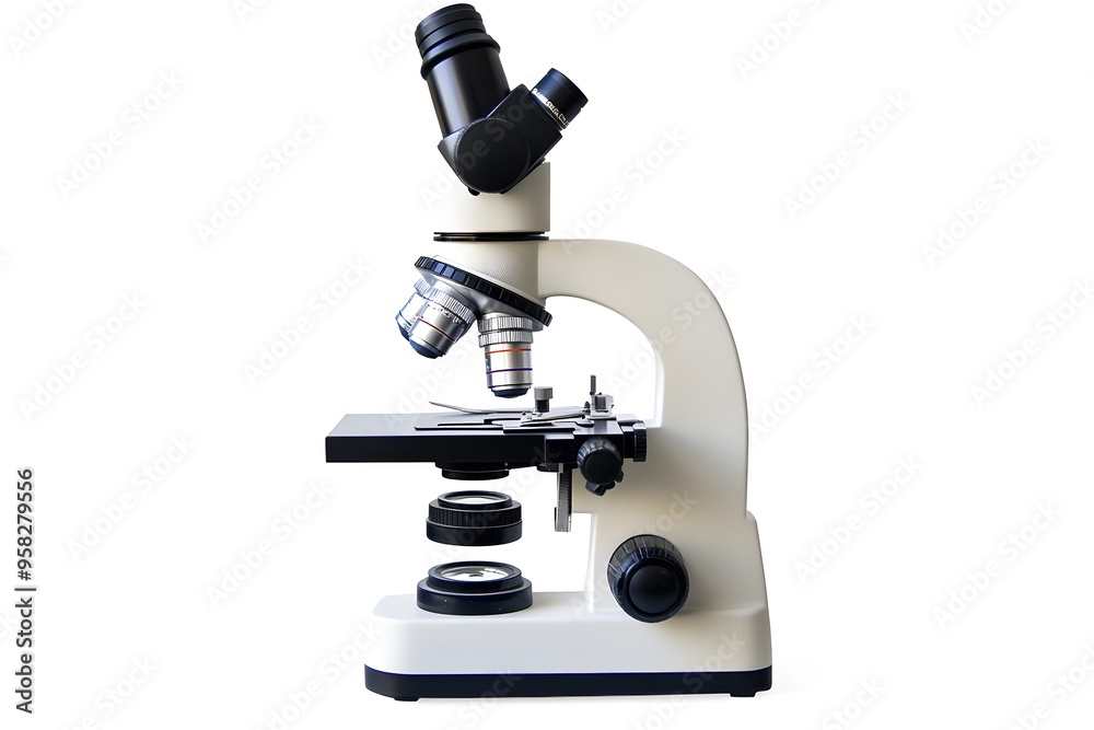 Microscope on empty white background. Generative AI. Microscope on empty white background. Generative AI.