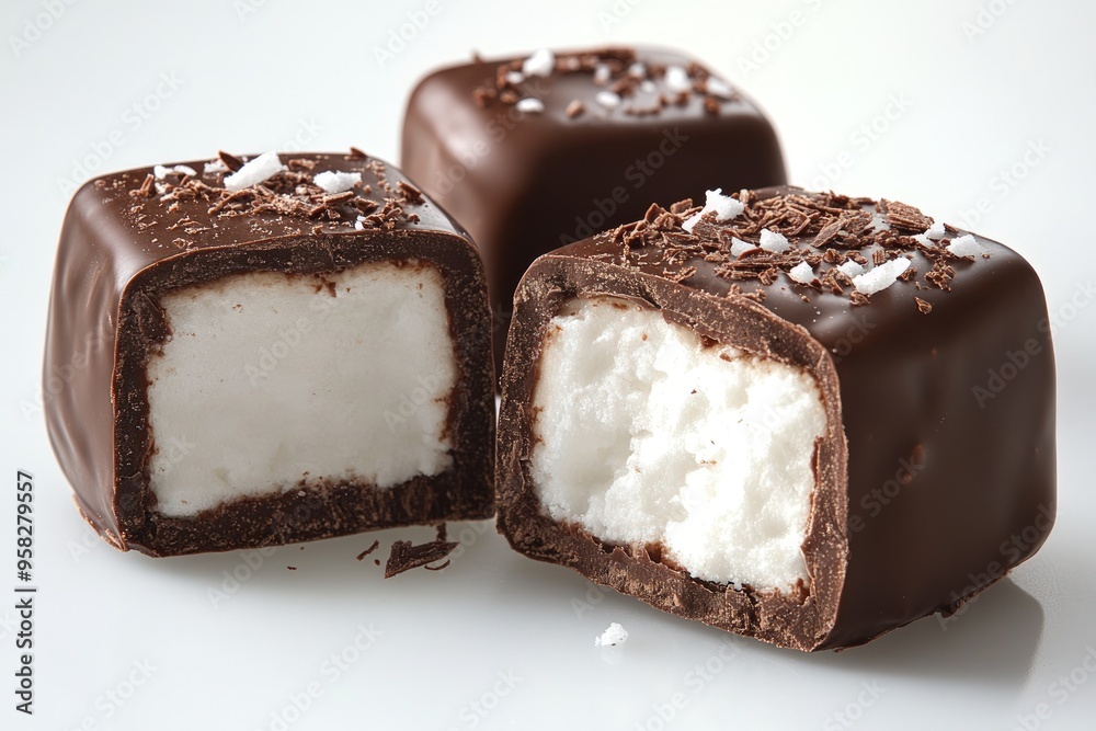Three chocolate squares with white filling, one cut open to reveal the filling, on a white surface. Three chocolate squares with white filling, one cut open to reveal the filling, on a white surface.