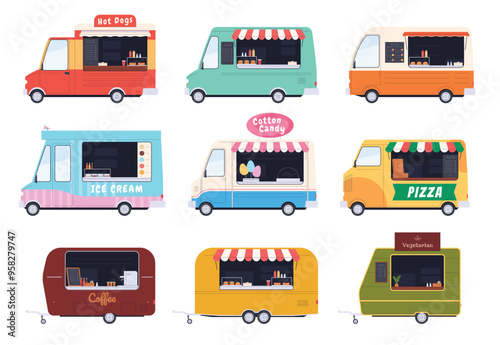 Street food truck. Instant food. Lunch break, a snack with a sumptuous meal. People eat outdoors. Vector illustration