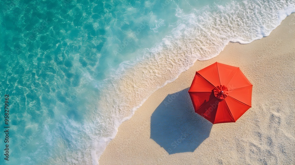 Naklejka premium Aerial View of a Sun Umbrella on a Stunning Summer Beach with Turquoise Waters