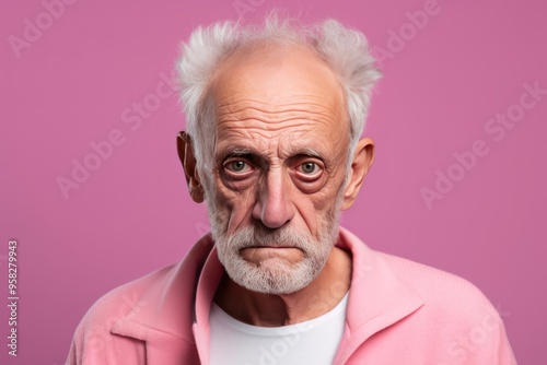 Pink background sad european white man grandfather realistic person portrait older person beautiful bad mood old man Isolated on Background 