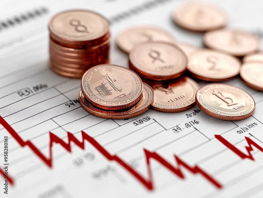 Plunging Profits: A stark depiction of economic downturn, with stacks of coins dwarfed by a plummeting red graph, symbolizing financial loss and market volatility.