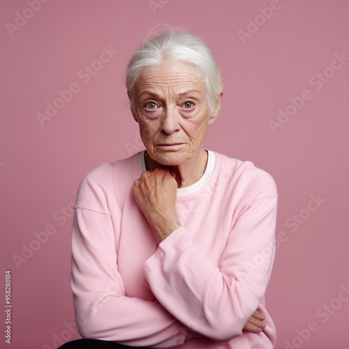 Pink background sad European white Woman grandmother realistic person portrait of young beautiful bad mood expression Woman Isolated Background 