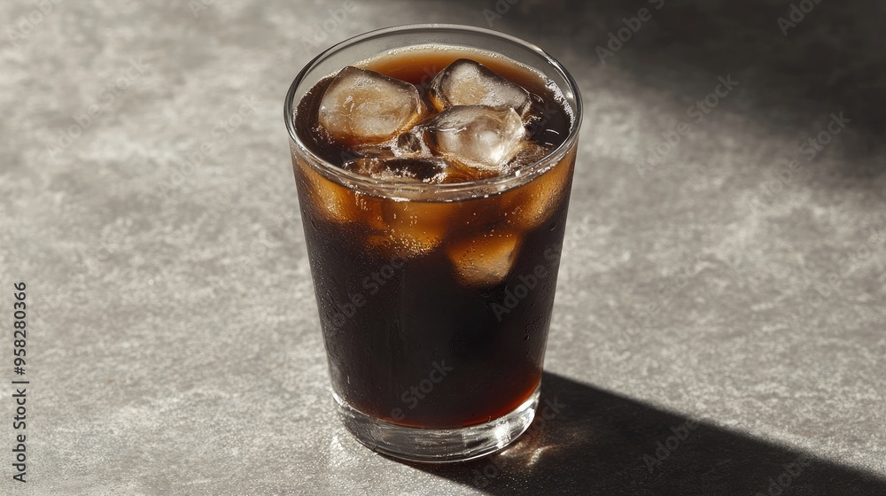 A refreshing iced espresso in a clear glass, filled with ice cubes and rich, dark coffee. The condensation on the glass adds to the cool, invigorating feel of the drink. A refreshing iced espresso in a clear glass, filled with ice cubes and rich, dark coffee. The condensation on the glass adds to the cool, invigorating feel of the drink.