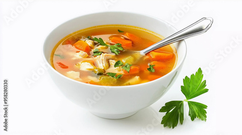 Bowl of chicken soup with vegetable isolated on white background 