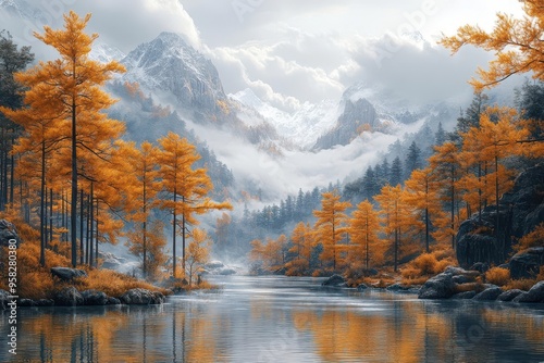 ethereal mistshrouded peaks ancient pine forest winding river golden sunlight filtering through clouds dramatic sichuan landscape