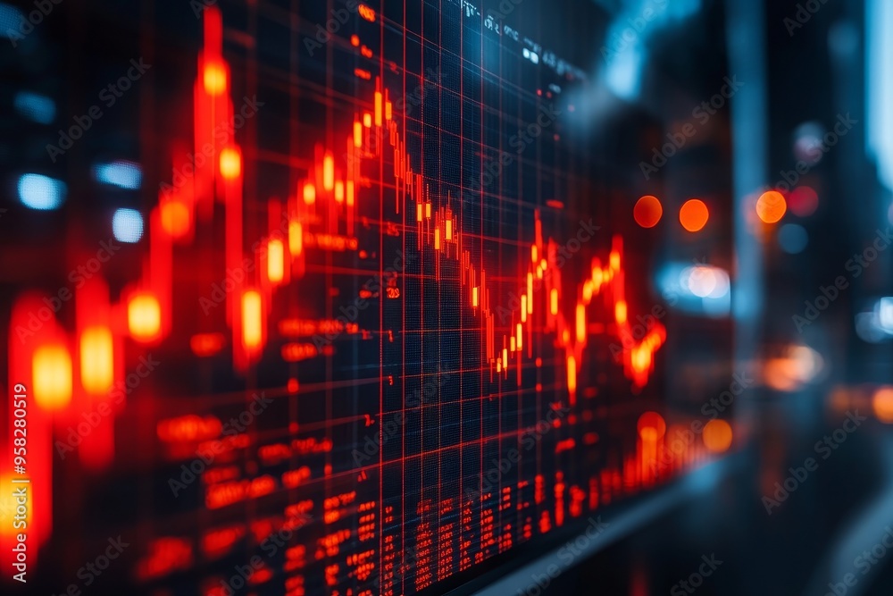 Red Alert: A close-up shot of a stock market graph, illuminated in a fiery red, showcasing the volatility and uncertainty of financial markets. Red Alert: A close-up shot of a stock market graph, illuminated in a fiery red, showcasing the volatility and uncertainty of financial markets.