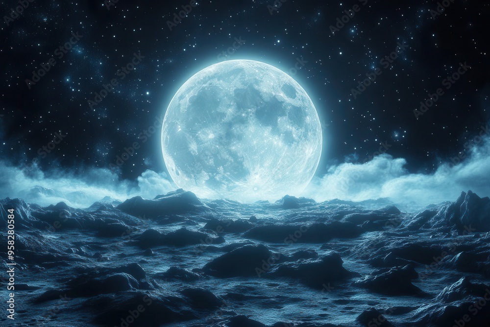 ethereal moonscape with glowing craters starry background and mystical atmosphere soft blue hues and silvery highlights create an otherworldly ambiance