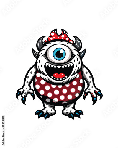 Design a monstrous creature with one eye, a big toothy grin, and a red polka dot swimsuit.