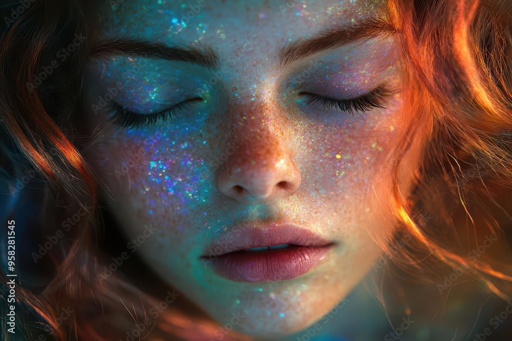 ethereal portrait of a person with luminous skin eyes closed surrounded by swirling tendrils of colorful light evoking a sense of inner peace and transformation ethereal portrait of a person with luminous skin eyes closed surrounded by swirling tendrils of colorful light evoking a sense of inner peace and transformation