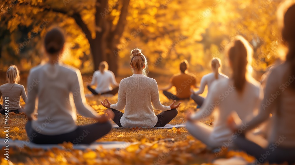 Group of yoga class in a park with autumn leaves, serene and tranquil atmosphere.