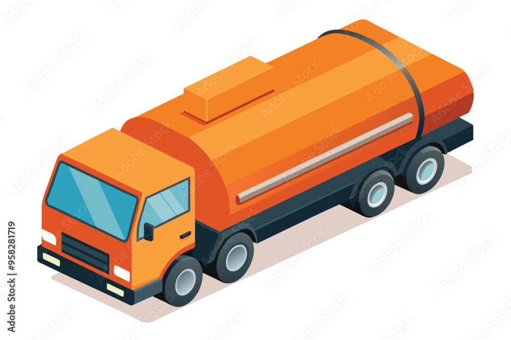 Fototapeta premium A cheerful orange cartoon truck is seen driving on a road, adding a playful touch to the landscape it traverses.