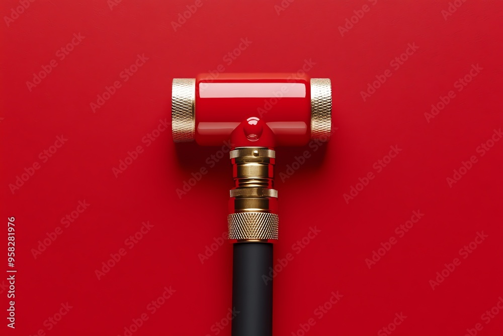 Red and Gold Tire Inflator on Red Background Red and Gold Tire Inflator on Red Background