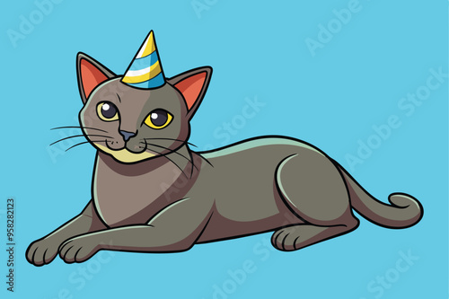 A cartoon cat joyfully wearing a colorful party hat, ready to celebrate with a festive atmosphere.