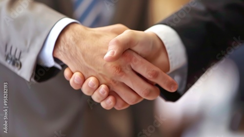 Picture of people hand shaking for business or job in teamwork concept. Friendly atmosphere for strategy management. Working of company team under cooperation together work for organization. AIG53.