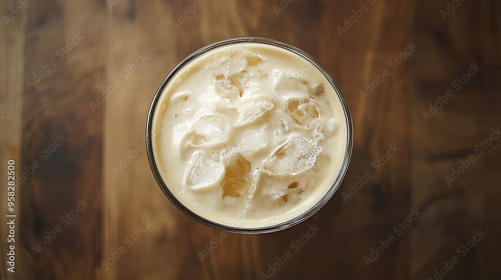 Top-down view of an iced flat white on a wooden table, with a simple, clean aesthetic. The creamy texture and cool temperature are emphasized in the shot. Top-down view of an iced flat white on a wooden table, with a simple, clean aesthetic. The creamy texture and cool temperature are emphasized in the shot.