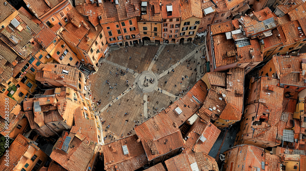 Fototapeta premium Widok z lotu ptaka na historyczny plac Piazza del Campo w Sienie