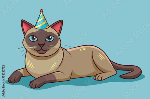 A cheerful cartoon cat adorned with a vibrant party hat, embodying the spirit of celebration and fun.