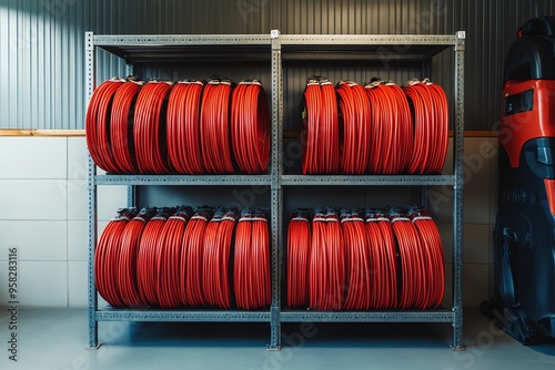 Red Hoses Stored on Metal Shelving in a Garage photo