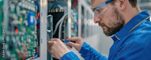 Close-up of a professional technician fixing a hotel's HVAC system, hotel maintenance, technical expertise