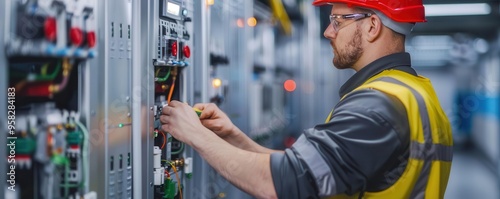 Close-up of a professional technician fixing a hotel's HVAC system, hotel maintenance, technical expertise