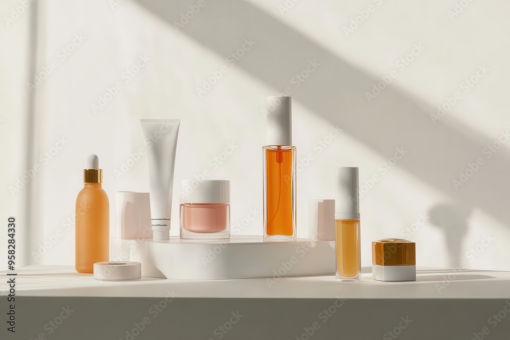 A collection of skincare products arranged aesthetically on a surface. A collection of skincare products arranged aesthetically on a surface.