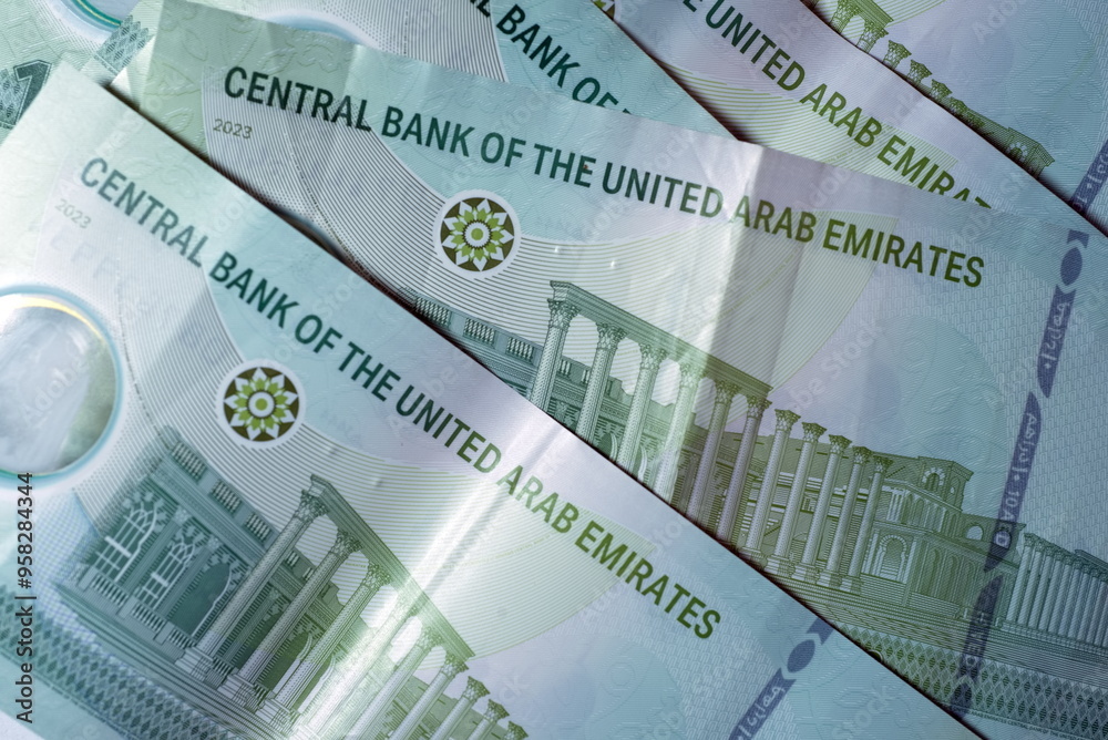 Fototapeta premium Close up Dirhams currency with new design Notes, AED, Bank notes and coins, United Arab Emirates