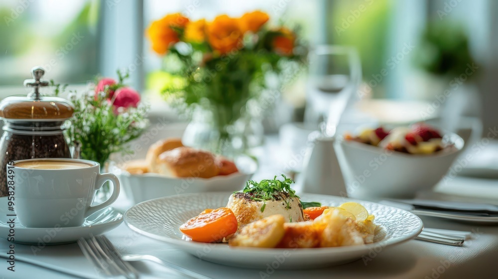 Elegant hotel room service breakfast setup, close-up of food and coffee, hotel room service, morning luxury Elegant hotel room service breakfast setup, close-up of food and coffee, hotel room service, morning luxury