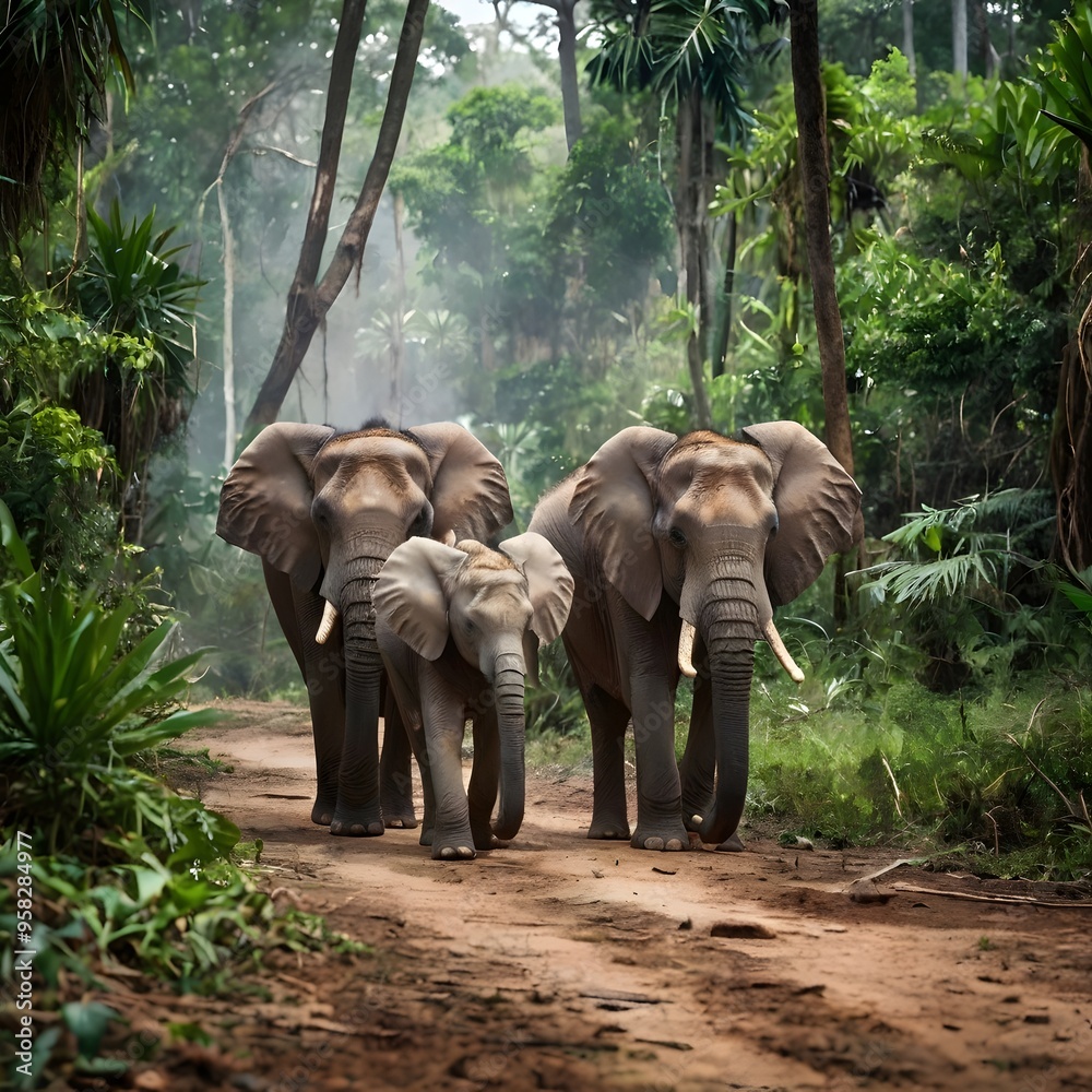 Fototapeta premium Elephant Family Walking Through Lush Rainforest Path.