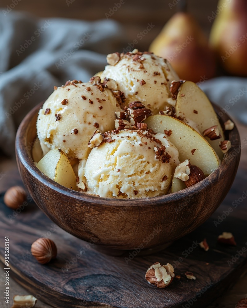 Delicious ice cream served in a wooden bowl, topped with nuts and paired with fresh slices of pear for a delightful treat. Delicious ice cream served in a wooden bowl, topped with nuts and paired with fresh slices of pear for a delightful treat.