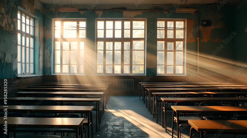 Obraz premium A classroom with rows of empty desks, sunlight streaming in through the windows.
