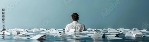 Individual drowning in a flood of overdue invoices, depicting financial suffocation photo