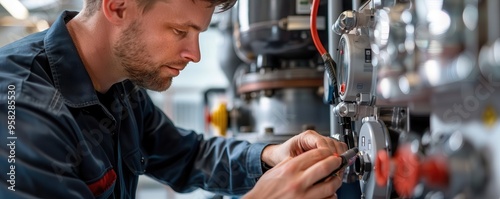 Professional technician checking a hotel's boiler system, hotel maintenance, precision work