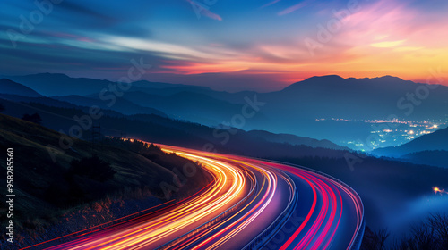 Light trails of speeding cars on a winding road at twilight