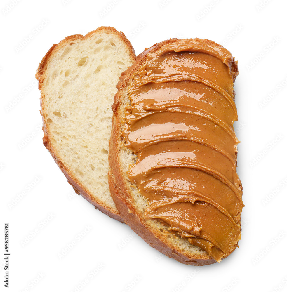 Tasty sandwich with peanut butter isolated on white, above view Tasty sandwich with peanut butter isolated on white, above view