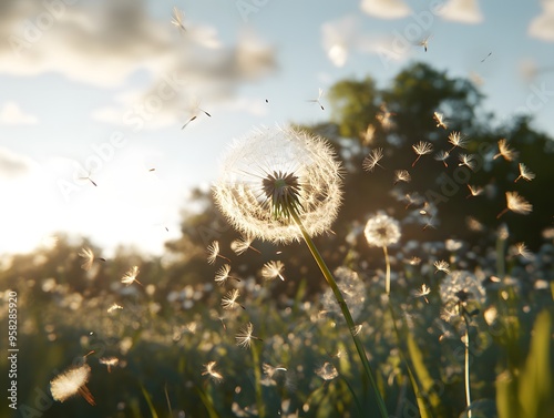 Dandelion Seeds Blowing in the Wind at Sunset photo