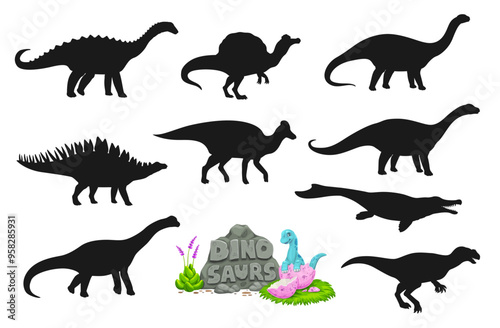 Dinosaur silhouettes, vector prehistoric animals with cartoon baby dino in eggshell and volcano rock. Jurassic giant dinosaurs and prehistoric reptiles set. Amygdalodon, lexovisaurus, oxalaia dinos