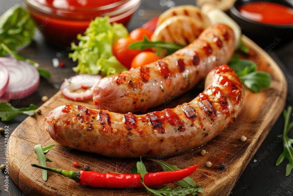 Grilled Sausage with Vegetables and Sauce on Wooden Board. Delicious Meat Meal Grilled Sausage with Vegetables and Sauce on Wooden Board. Delicious Meat Meal