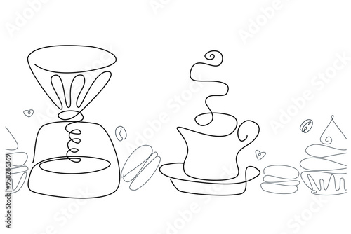 Coffee cup, kettle and aroma beans. Abstract line vector border on white background. Graphic design for coffee shop and cafe